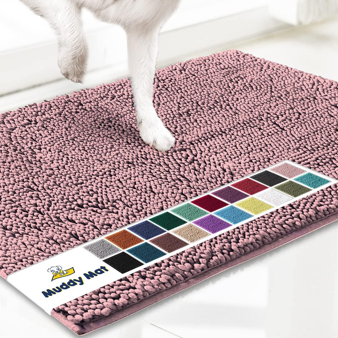 Muddy Mat® AS-SEEN-ON-TV Highly Absorbent Microfiber Door Mat and Pet Rug, Non Slip Thick Washable Area and Bath Mat Soft Chenille for Kitchen Bedroom Indoor and Outdoor - Light Pink 24" x 120"