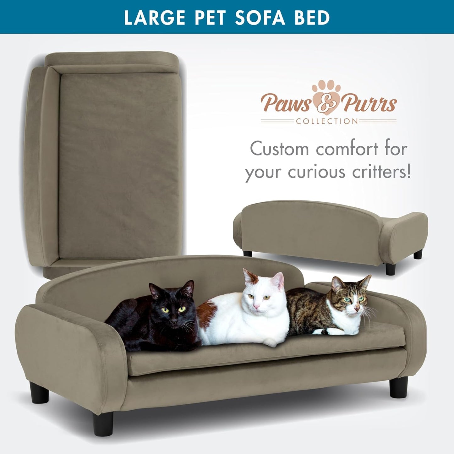 Paws & Purrs Multi-Cat Sofa Bed – 41.5″ Wide Elevated Pet Couch with 3″ Foam Mattress, Removable Machine-Washable Cover – Stylish Indoor Pet Furniture for Two or More Cats and Dogs, Ash