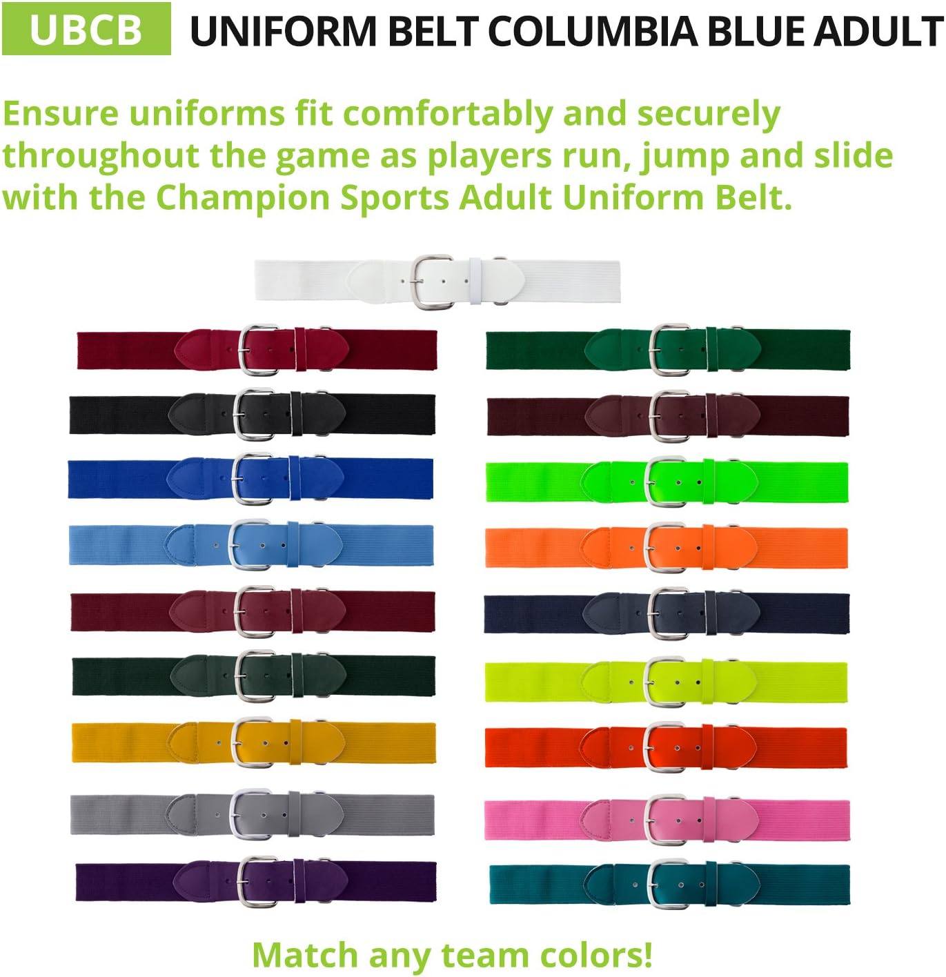Champion Sports Baseball/Softball Uniform Belt, Comfort Stretch Fit Durable Syntex Tab - Youth & Adult Sizes, Multiple Colors