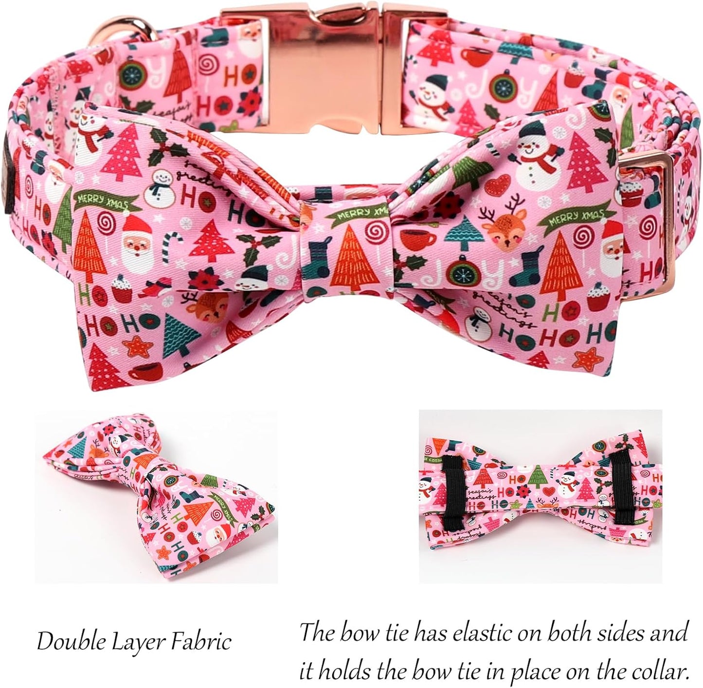 Lionet Paws Christmas Dog Collar with Bow tie,Cute Ho Christmas Tree Snowman Pink Dog Collar Bow Tie for Dogs and Cats Female, XS, Neck 8-12 inches