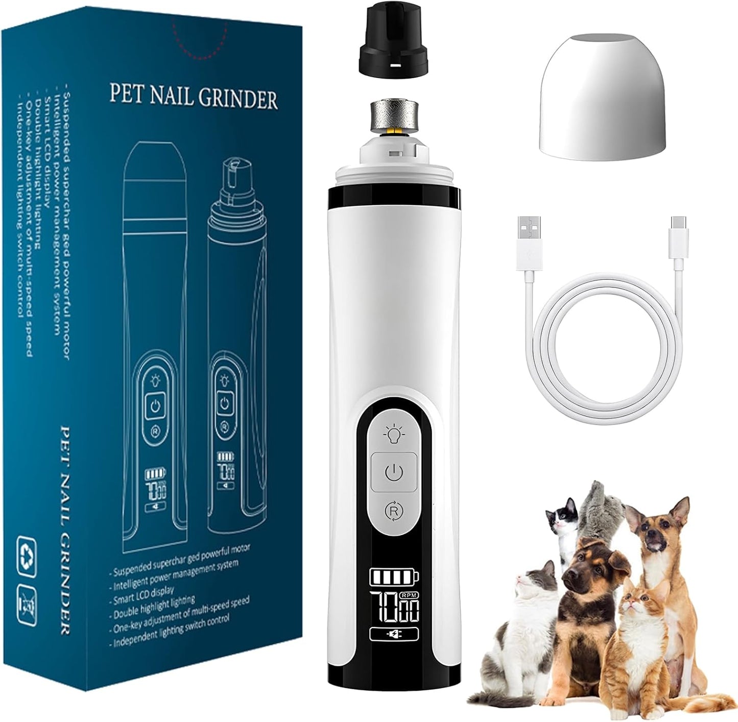 Heusom Silent Groom Pro Nail Grinder Cordless for Small Large Dogs - 3 Speeds Quiet Cat Dog Nail Trimmer with 2 LED Lights, 2000mAh Rechargeable for Thick Nails with Replacement Heads (1pc)