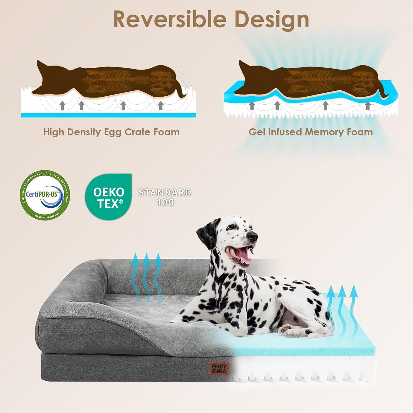 EHEYCIGA Memory Foam Dog Bed for Large Sized, Orthopedic Dog Sofa with Sides and Waterproof Liner, Washable Bolster Pet Couch with Removable Cover, 41x27x7.5 Inch, Grey