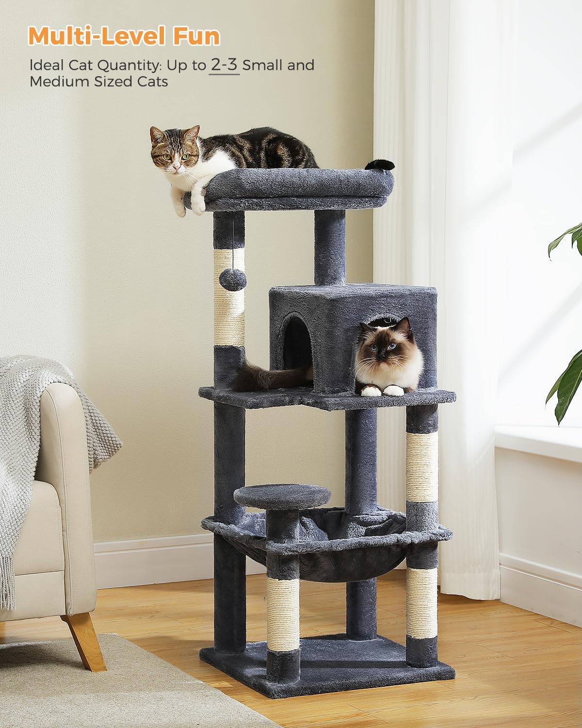 Cat Tree for Indoor Cats, 45.7" Multi-Level Cat Tower with Large Metal Frame Hammock, Cat Condo with 4 Scratching Posts and Top Perch for Small Medium Cat, Dark Grey