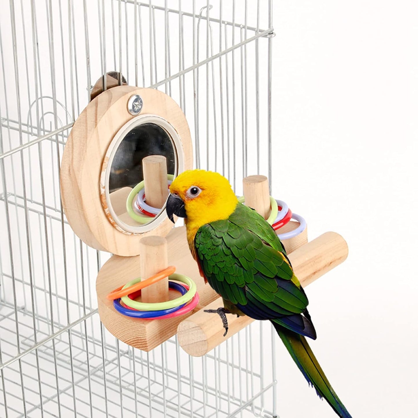 Parrot Mirror Toy for Cage, Pet Mirror Toys Set with Wooden Platform Stand Perch, 8 Pcs Colorful Stacking Rings Bird Toy Intelligence Toys, Idea for Cockatiel Parrot Bird Cage Health Supplies
