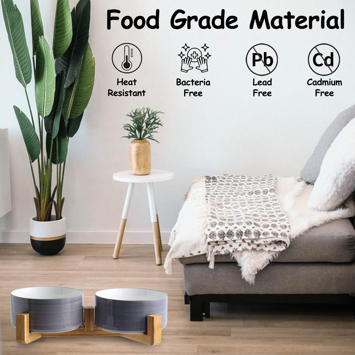 Petygooing Dog Bowls,Ceramic Cat Dog Bowl Set with Wood Stand for Food and Water,Non-Slip Weighted Cute Pet Dish Set for Cats and Medium Size Dogs (28OZ/6.1 in) Grey White