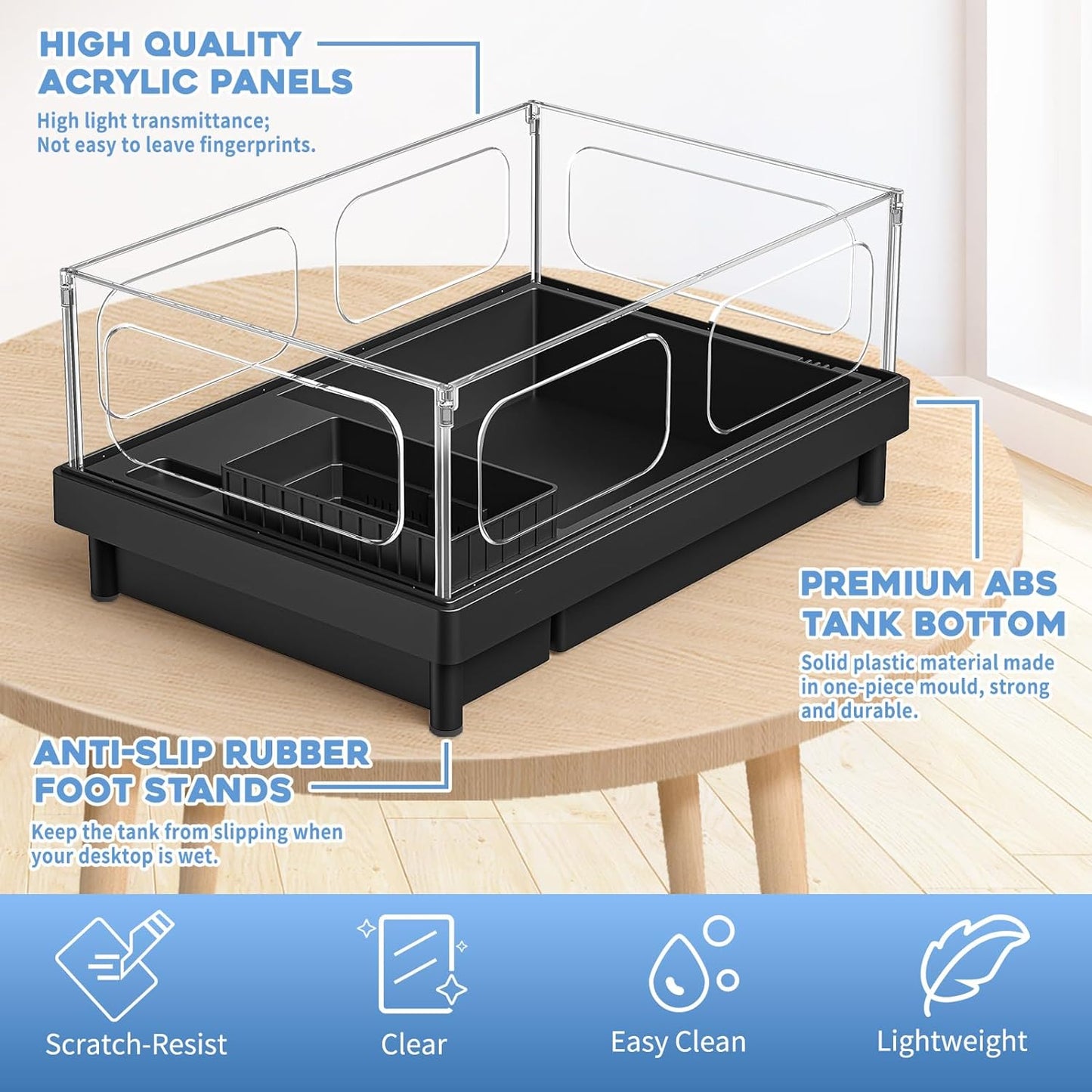 Small Turtle Tank Kit, Acrylic Turtle Tank Starter Kit with Basking Platform, Bottom Drainage, Multi-Function Areas for Turtles, Crabs, Crayfish, Small Reptiles. (Black+White)