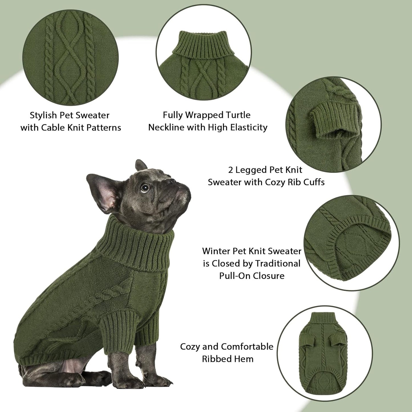 Queenmore Small Dog Pullover Sweater, Cold Weather Cable Knitwear, Classic Turtleneck Thick Warm Clothes for Chihuahua, Bulldog, Dachshund, Pug (Army Green, X-Small)