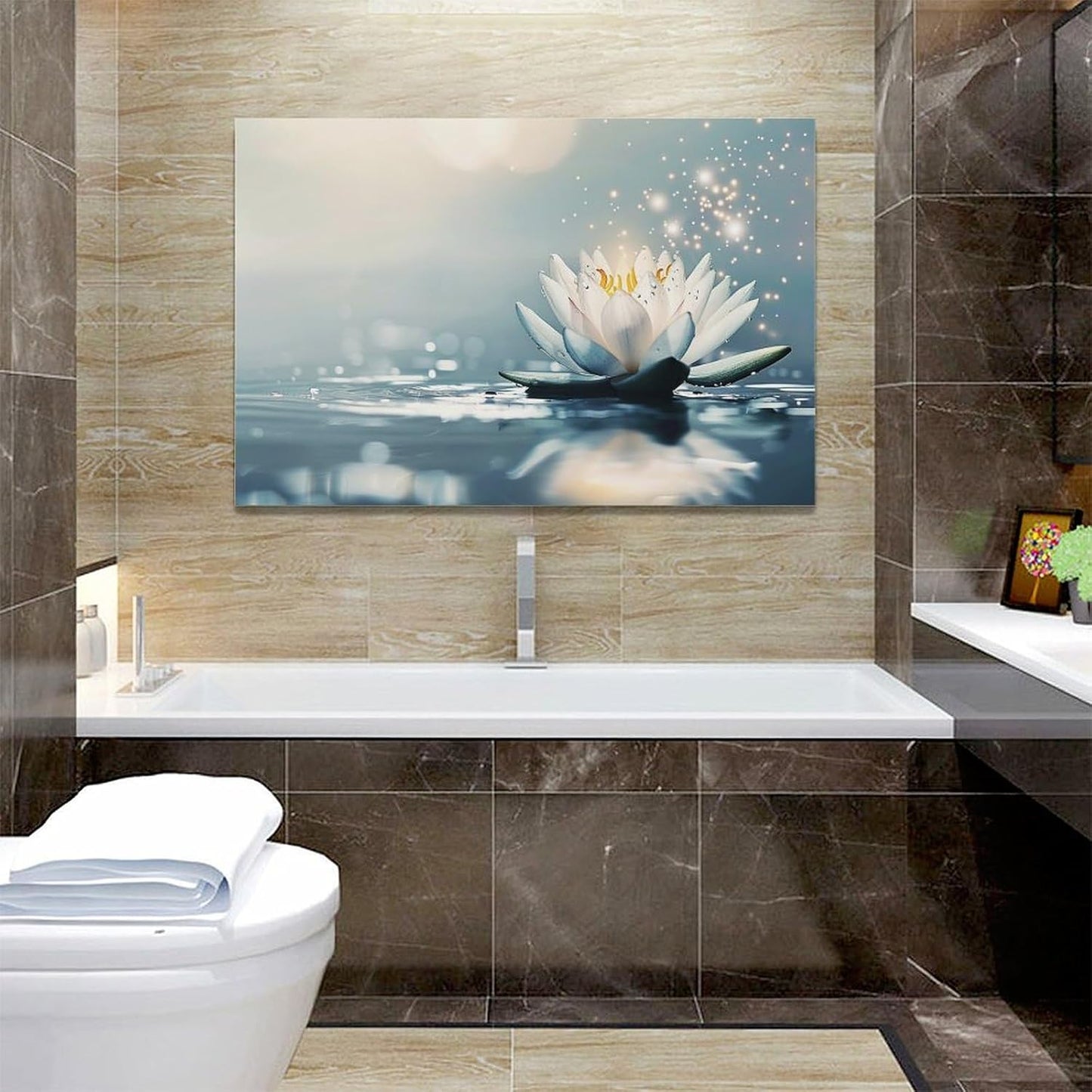 Bathroom Lotus Wall Art Floral Pictures Zen Meditation Wall Decor Yoga Spa Spiritual Canvas Print Painting Artwork for Bathroom Restroom Living Room Bedroom 16"x24"