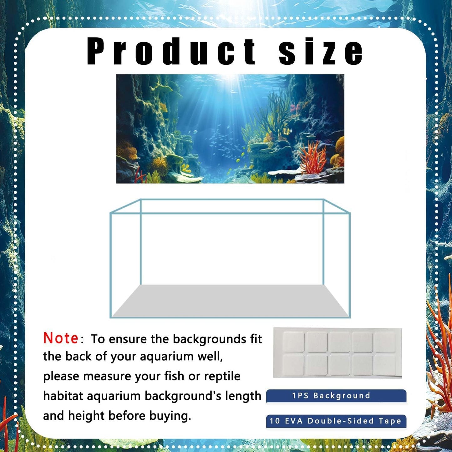 72X24IN Blue Sea Floor Aquarium Background, Natural Underwater World 3D Effect Fish Tank Decorations Background, Art Terrarium Background with 8 EVA Double-Sided Tape