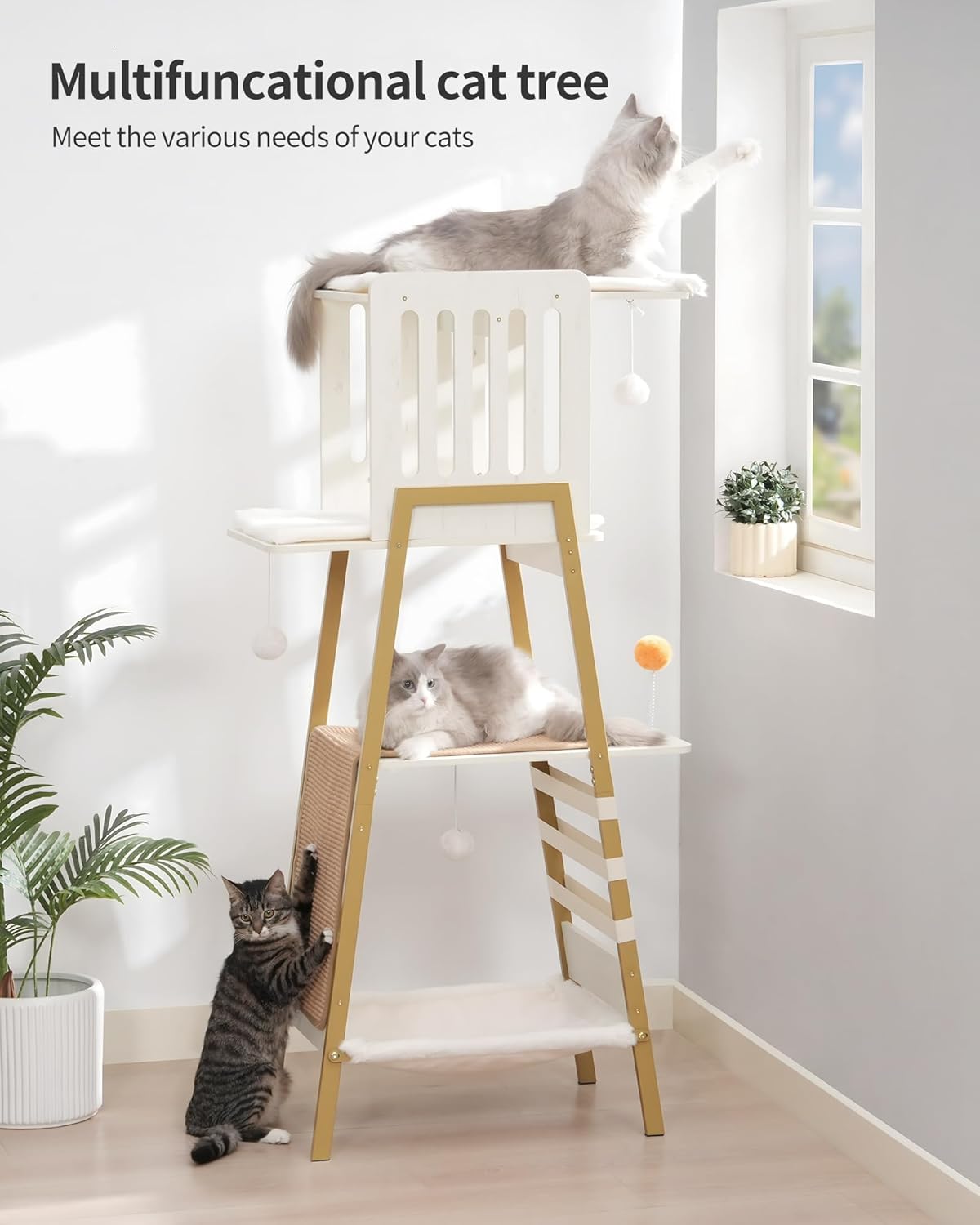 FourFurPets Modern Cat Tree, 58-Inch Cat Tower for Large Cats, Maine Coon Cat Tree with Scratching Board, Large Perch, Hammock and Removable Pads, White