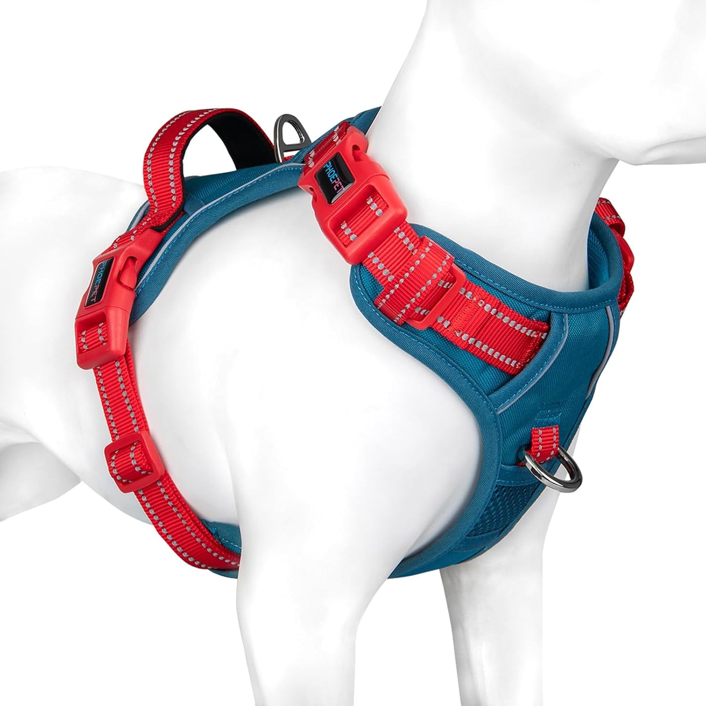 PHOEPET No Pull Dog Harness, Unique Colors Reflective Adjustable Dog Vest, with Soft Training Handle Metal Clips for Small Medium Large Dogs (Teal Base & Red Straps,S)