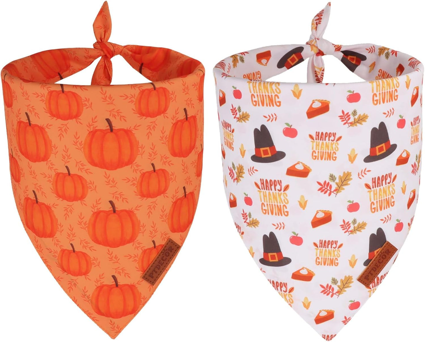 PTDECOR Thanksgiving Fall Dog Bandanas, Orange White Reversible Holiday Pet Scarf, Happy Thanksgiving Pumpkin Triangle Thanksgiving Bandanas for Small Dogs Puppies Cats(Small)