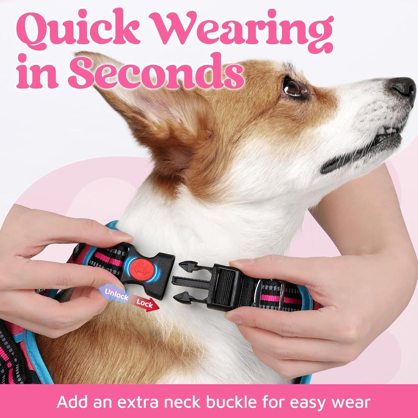 rabbitgoo Dog Harness for Large Dogs, No Pull Pet Vest with 3 Buckles, Adjustable Soft Padded Pet Harness with Easy Control Handle and Reflective Strips, Rose Pink & Blue, XL