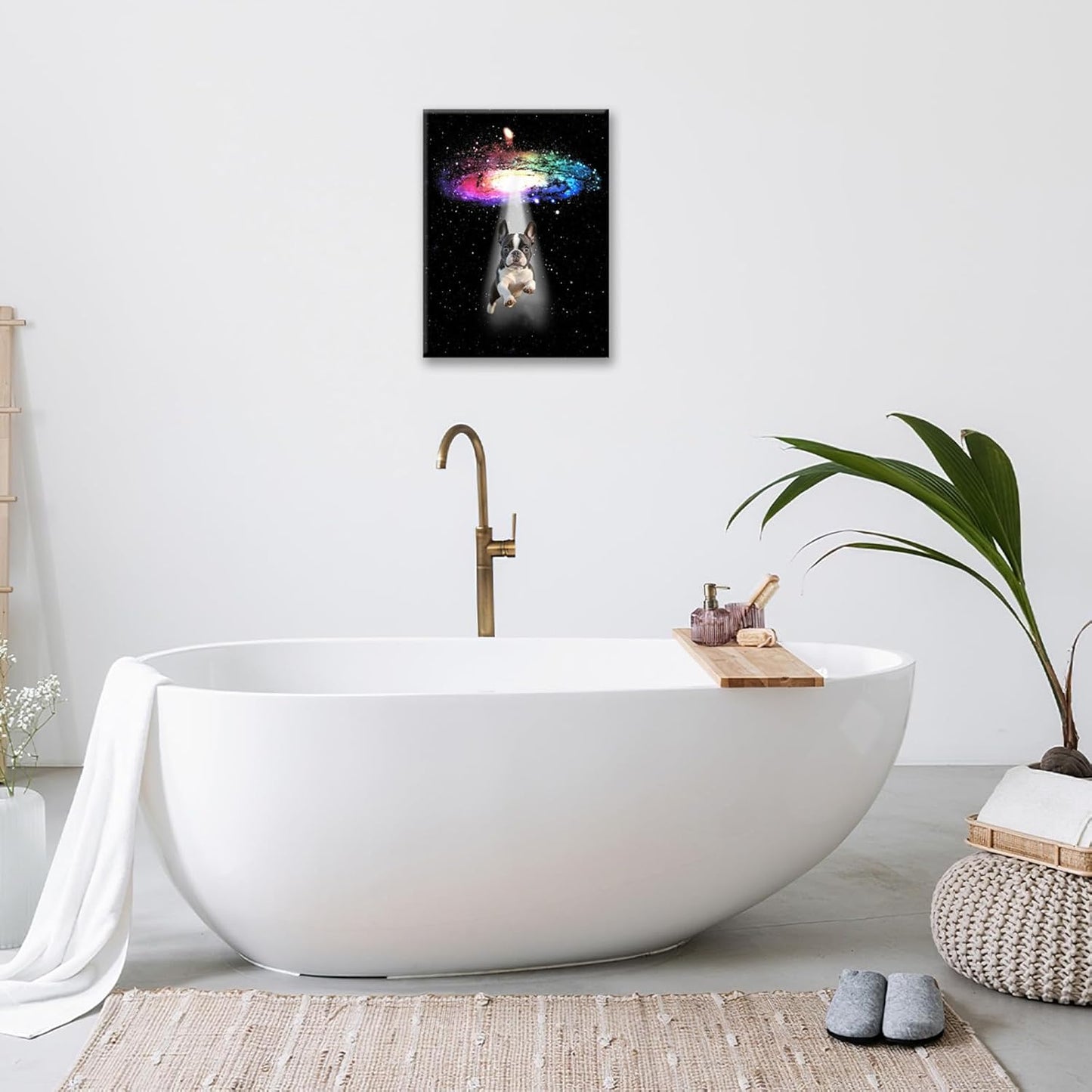 Funny Dog Wall Art Canvas Boston Terrier Wall Decor Prints Framed Painting Bulldog Galaxy Pictures Gifts Artwork for Bathroom 16"x20"