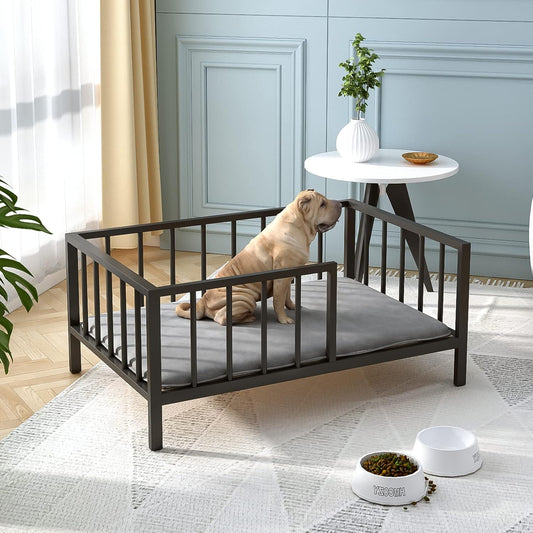 Dog Bed with Rails - Elevated Pet Metal Bed Frame with Solid Wood Board and Washable Soft Mat for Medium Dog Indoor or Outdoor Use, 25.2" x 37.8", Black