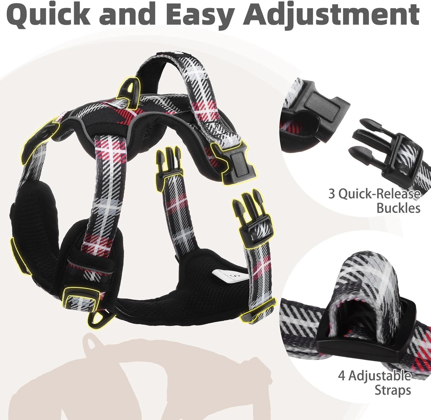 PUPTECK No Pull Dog Harness Small Sized, Adjustable Reflective Dog Harness with Handle Easy Control, Comfortable Soft Padded Pet Vest Harness for Small Dogs, Plaid Black S