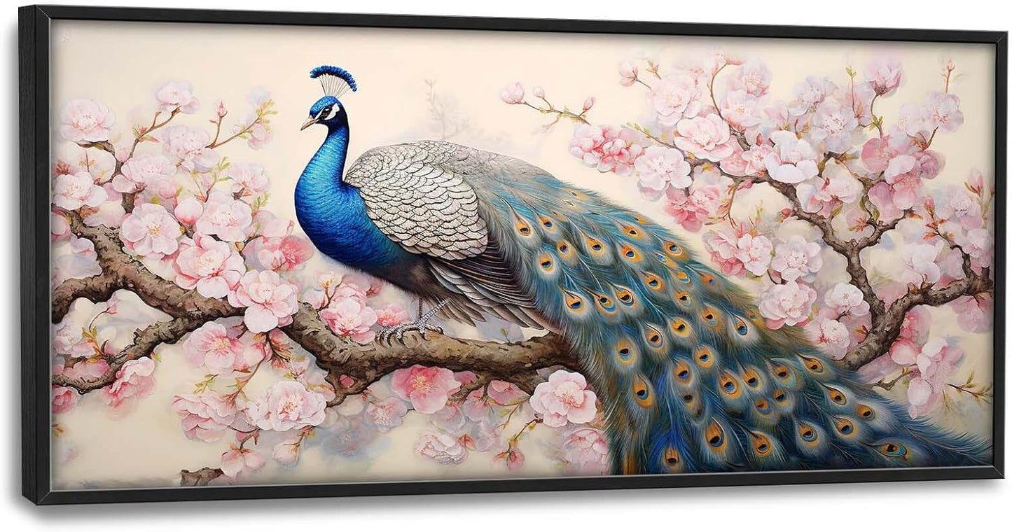 Quorin Peacock Large Wall Art Elegant Peacock Pictures Wall Decor Pink Flower Tree Canvas Print Painting Artwork for Bathroom Living Room Bedroom 60L x 30W