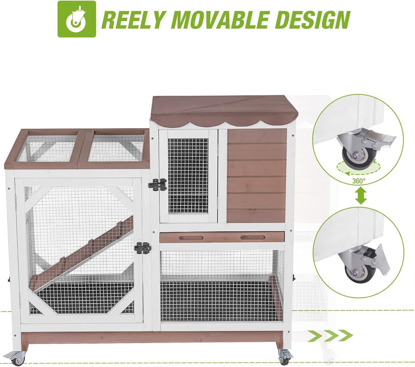 Gutinneen 2-Story Rabbit Hutch with Chew-Proof Ramp & Leak-Proof Trays - Indoor/Outdoor 39.3" Wooden Rabbit Cage with Wheels for Rabbits, Guinea Pigs