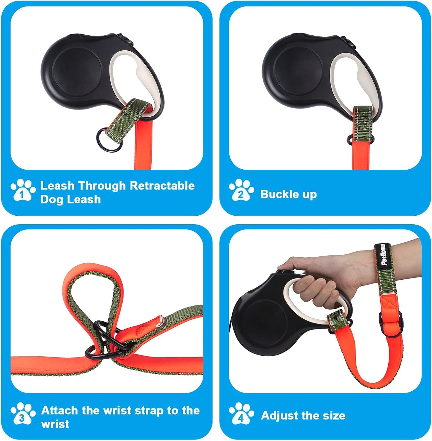 PetBonus Short Dog Leash, Safety Wrist Strap for Retractable Dog Leash, Reflective Design and Adjustable Soft Padded Handle, Extra Layer Security for Pet Stroller (Khaki Green)