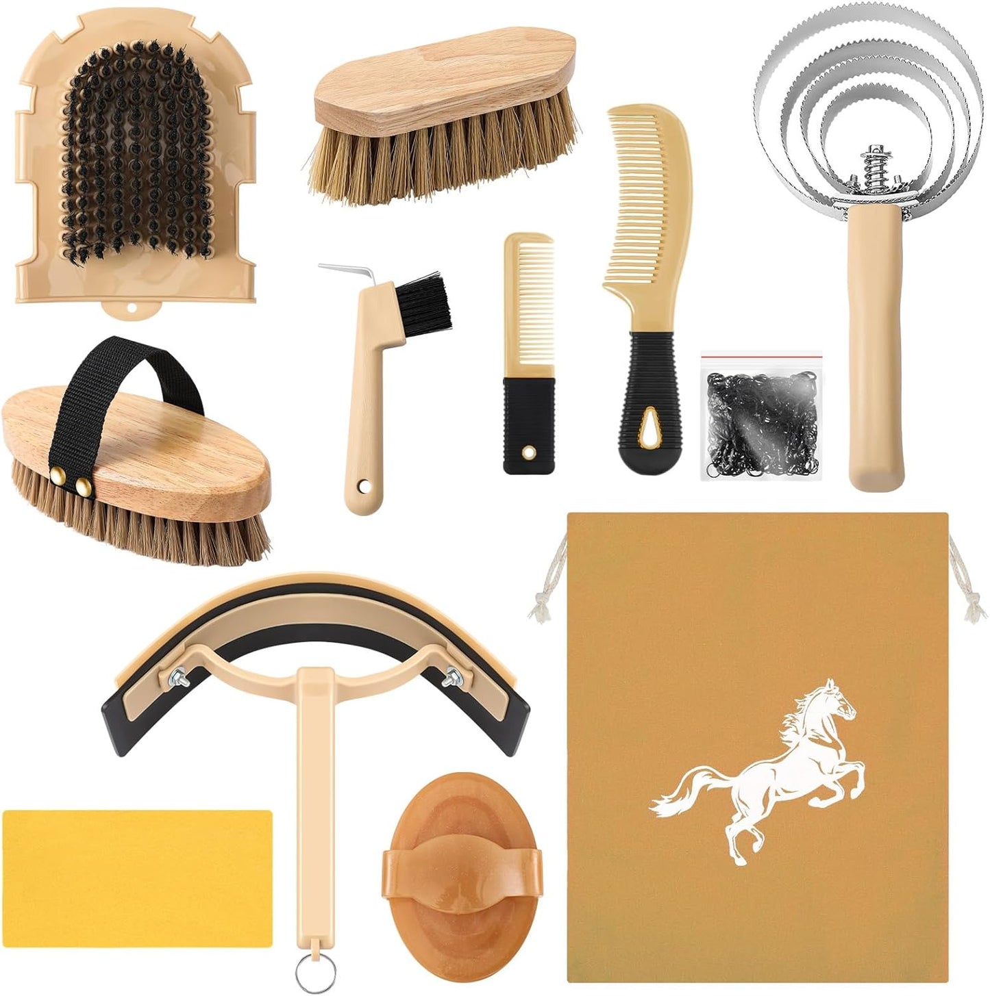 Abbylike 12 Pieces Horse Grooming Kit Racing Festival Tack Room Supplies Horse Brush Sets Equine Care Cleaning Kit Shedding Grooming Massaging Tools(Khaki)