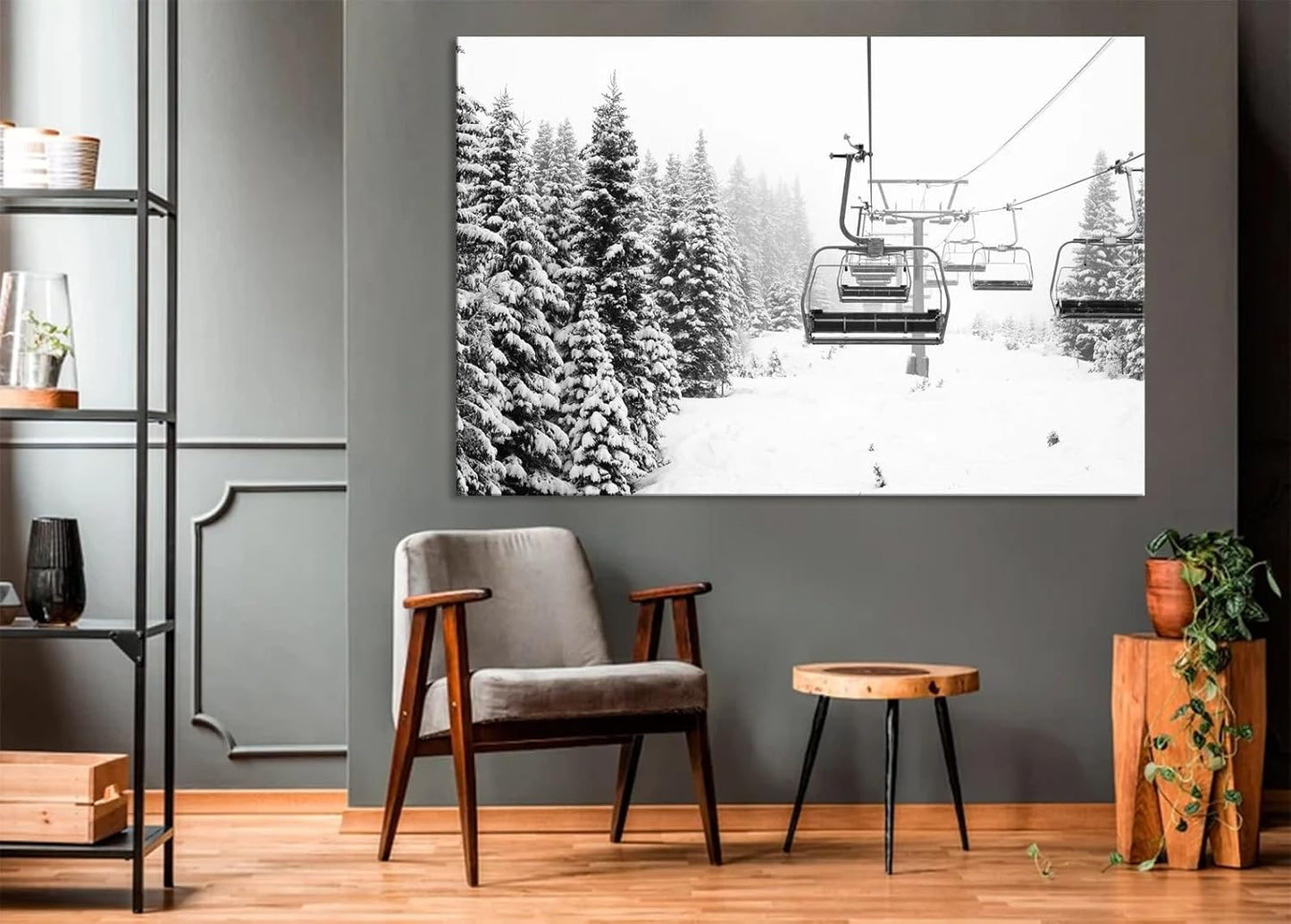 Nature Wall Art Prints - Ocean Forest Mountain Lake Canvas Landscapes - Small to Extra Large Living Room Bedroom Kitchen Bathroom Décor (Ski Lift on Snowy Mountain, 31L" x 47W")