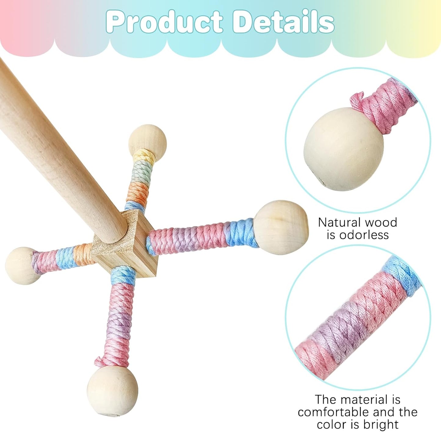 BNOSDM Bird Rope Perch with Stand Perch Toy Set Bendable Rope Perches Wooden Spinning Exercise Wheel Toy Parrot Cage Accessories for Parakeets, Conures, Lovebirds, Budgies, Cockatiels (Rainbow Color)