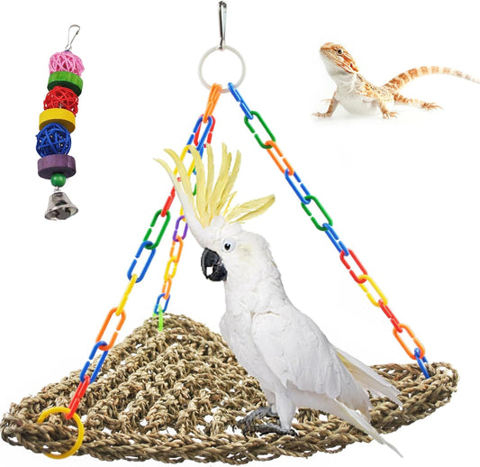 Bird Swing Toys,Bird Seagrass Mat Edible Hammock Parrot Lounger with Toys Handmade Woven Hanging Hammock for Lovebird Cockatiel Canary Parakeets Finch Budgie(2 Pcs)
