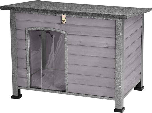 Indoor Outdoor Dog House,Anti-Chewing Iron Frame Dog Kennel,Wood Warm Pets Home,Weatherproof Outside Shelter for Feral Animal 33.5" (L) X 22" (W) X 25.2" (H) Grey