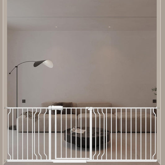 ALLAIBB Extra Wide Pressure Mounted Baby Gate Walk Through Child Kids Safety Toddler Tension White Long Large Pet Dog Gates with Extension for doorways Kitchen (71.65-85.03"/182-218cm, White)