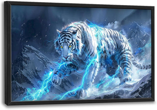 Quorin White Tiger Large Wall Art Wild Animal Pictures Lightning Tiger Wall Decor Snowy Mountain Canvas Print Painting Artwork for Bathroom Living Room Bedroom 36L x 24W