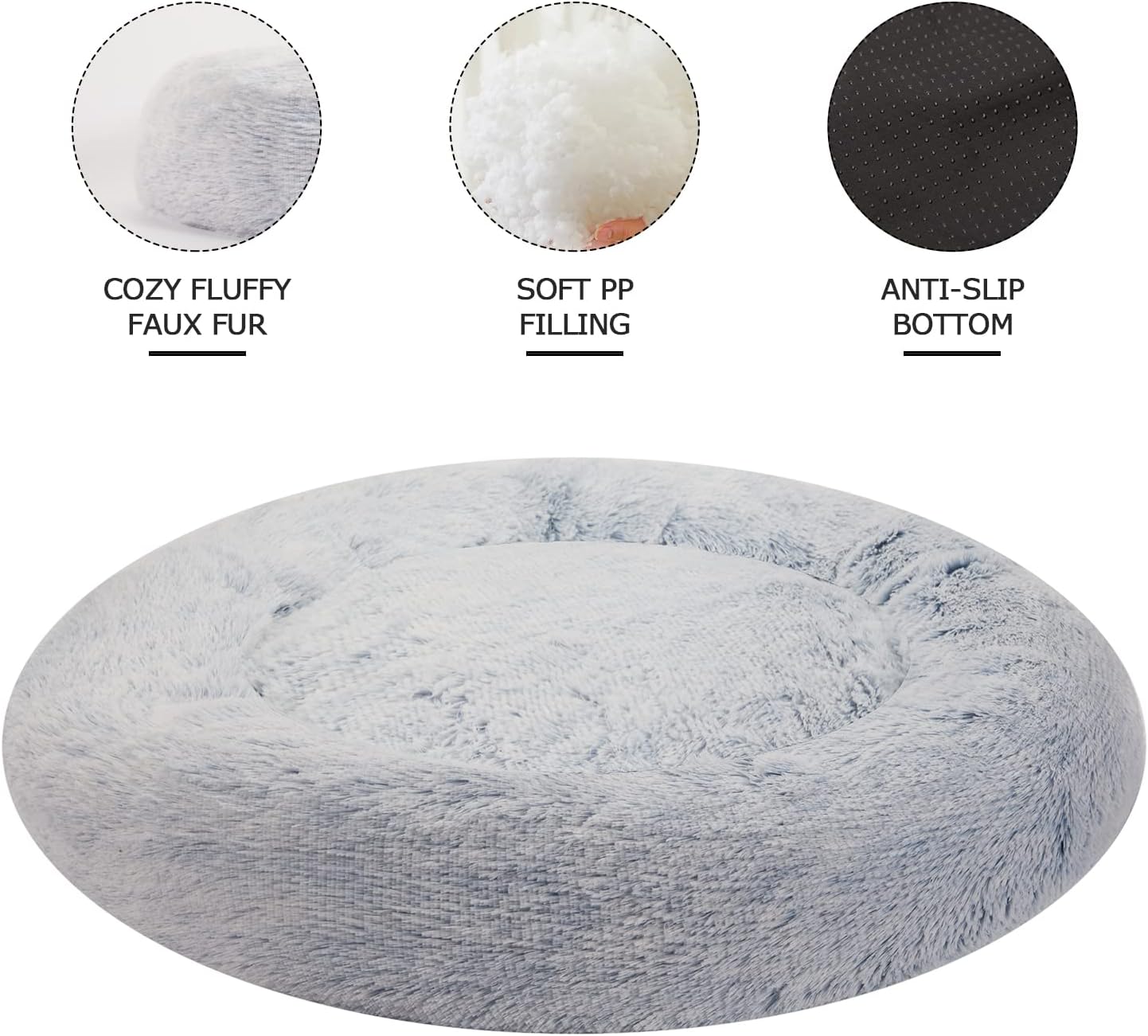 Bedfolks Calming Donut Dog Bed, 36 Inches Round Fluffy for Large Dogs, Anti-Anxiety Plush, Machine Washable (Light Blue, Large)