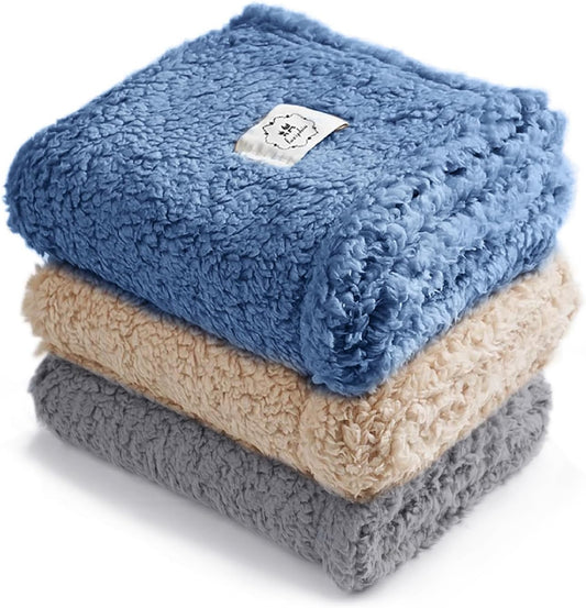 Luciphia 1 Pack 3 Calming Dog Blanket Fluffy Premium Fleece Pet Blankets Soft Sherpa Throw for Dogs Puppy Cat Grey/Beige/HazeBlue Large (41" x31")