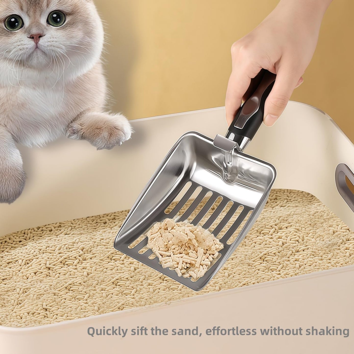 Cat Litter Scoop,Poop Sifting for Litter Box,Aluminum Alloy Sifter,Durable Kitty Metal Scooper with Long Handle Deep Shovel