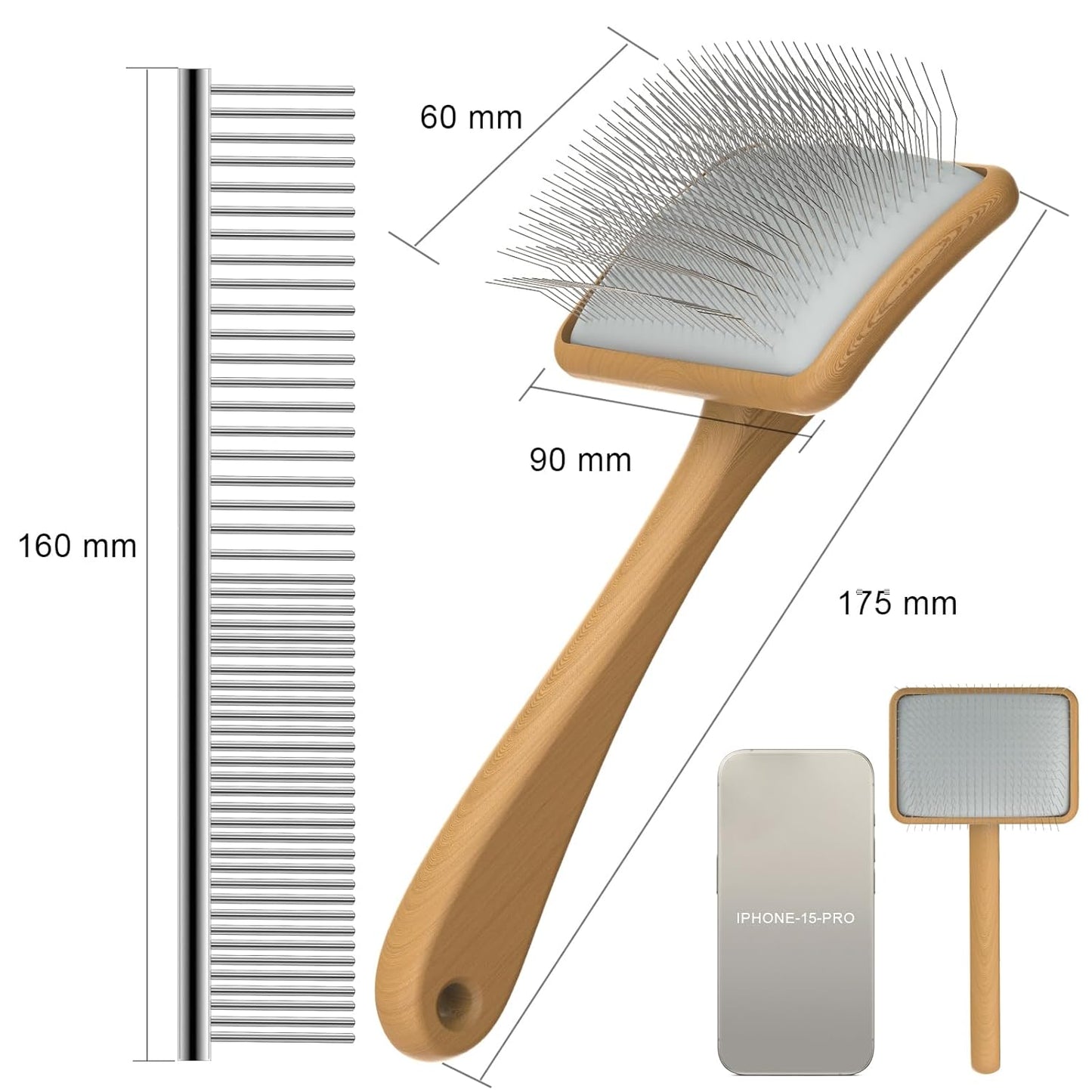 Slicker Brush for Dog, Doodles and Poodle Brush, for Tangles, Fluff Coat, Curly Hair Pets, Remove Loose Fur, Matts, Undercoat, Double Coat, 24mm Pins, 3.5''*2.4'' Head, Medium Size, Wood