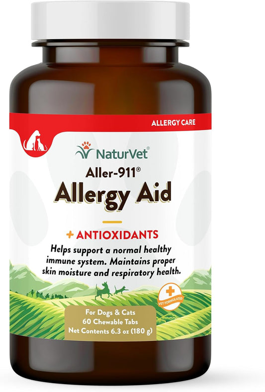 NaturVet Aller-911 Advanced Allergy Aid for Dogs, Cats – Antioxidant-Rich Pet Supplement with Omegas, DHA, EPA – Helps Support Dog Immune System, Cat Respiratory Health, Skin Moisture 60 Ct.