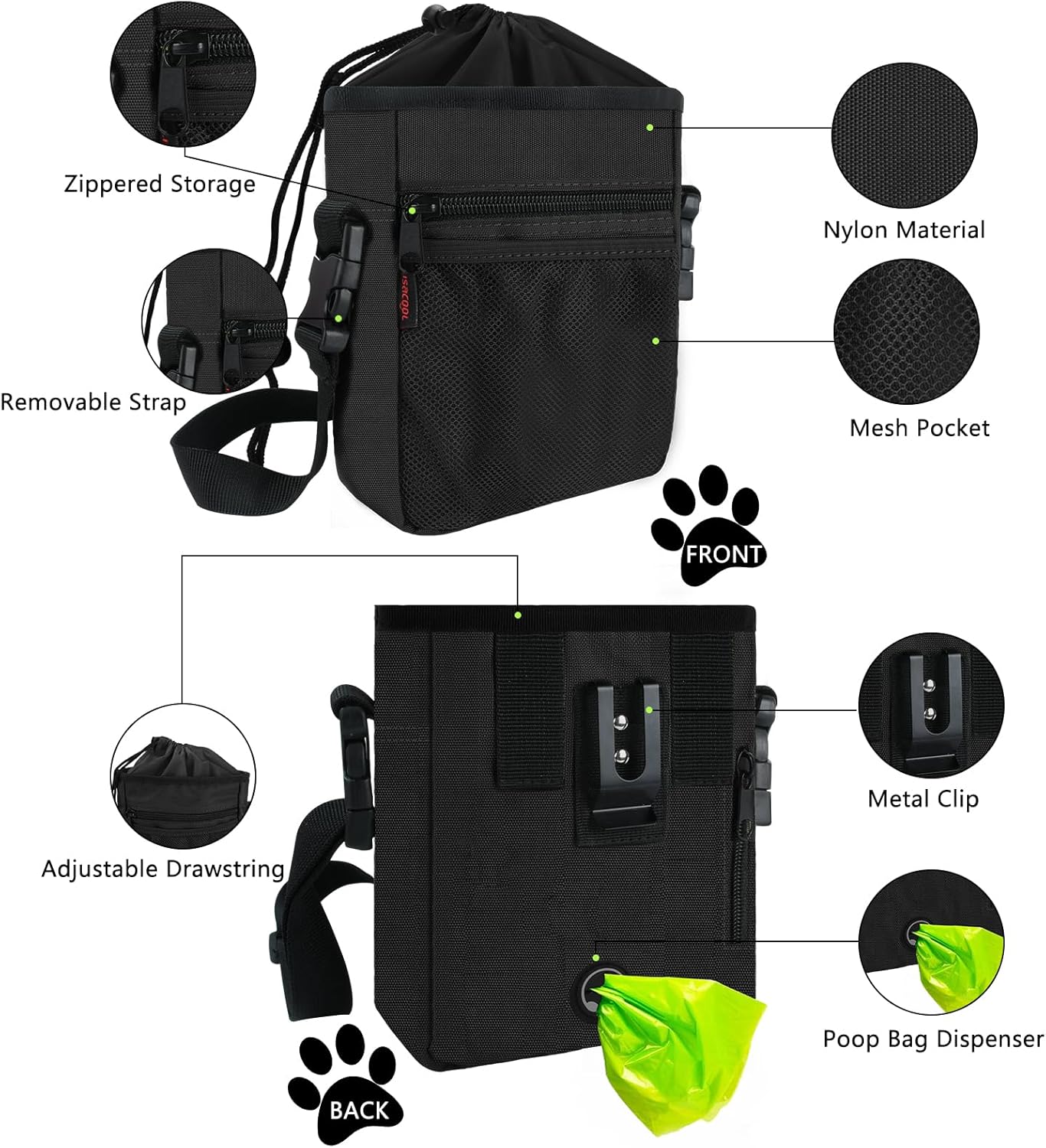 SZO Dog Treat Pouch - 3 Ways to Wear Treat Pouches for Pet Training, Dog Training Treat Pouch Bag and 2 Pieces Clicker Taining for Dogs with Waist Belt Shoulder Strap-Max Black