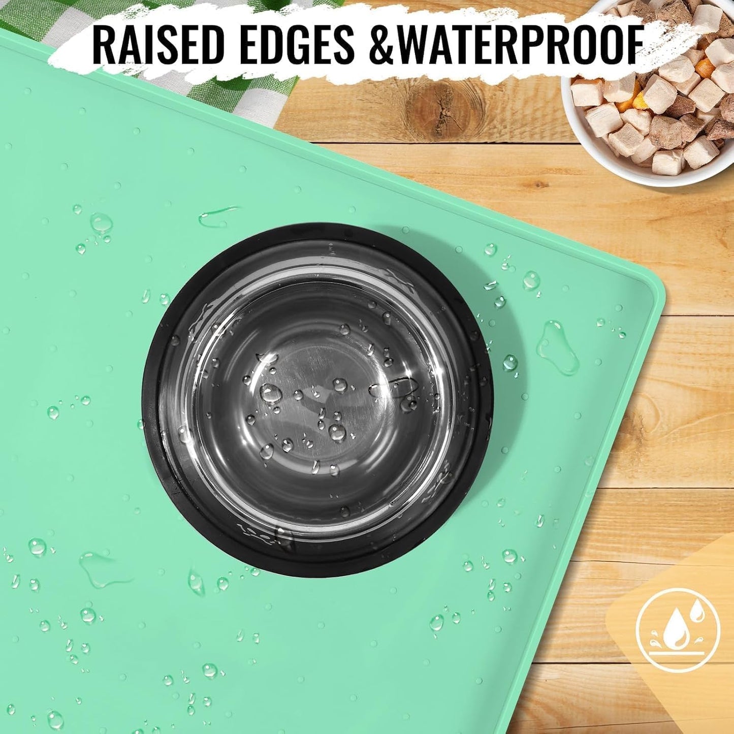 MateeyLife Dog & Cat Food Mat - Waterproof, Nonslip, Raised Edges, Silicone Tray for Messy Drinkers, 24"x16", Mint Green