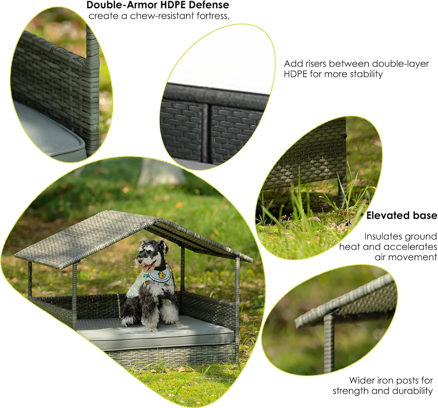 Wicker Dog House Outdoor Indoor with Canopy, Elevated Dog Shelter & Dog Bed with Light Gray Cushion, Water-Resistant Raised Pet House for Small Medium Dogs, Rattan Dog Cot for Deck, Patio, Yard, Pool