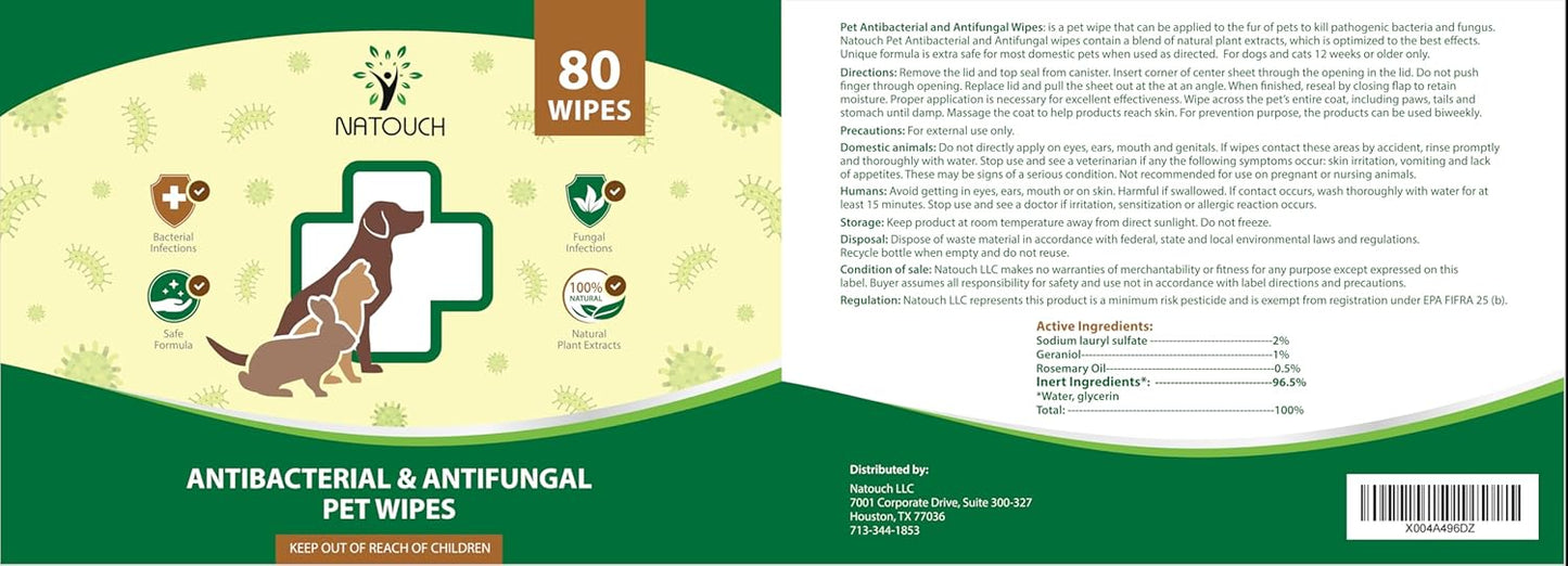 Antifungal and Antibacterial Wipes for Dogs & Cats, Dog Yeast Infection Treatment Wipes, All Natural Grooming Wipes for Cleaning, Help with Hot Spots, Ringworm, and Skin Infections, 80 Count