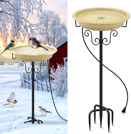 Lovppy Heated Bird Baths for Outdoors for Winter, 100W Heated Birdbath Water Heater with Thermostatically Controlled, Heated Bird Baths Bowl with Metal Stake for Outside Garden Patio Yard (Khaki)