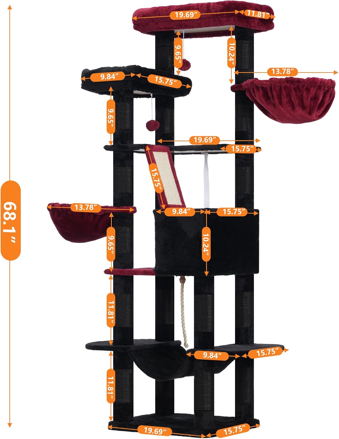 Heybly Cat Tree, 68 inch Multi-Level Cat Tower for Indoor Cats, 2 Widened Plush Perches Cat Condo with Scratching Board and Big Caves, Black and Red HCT025BR