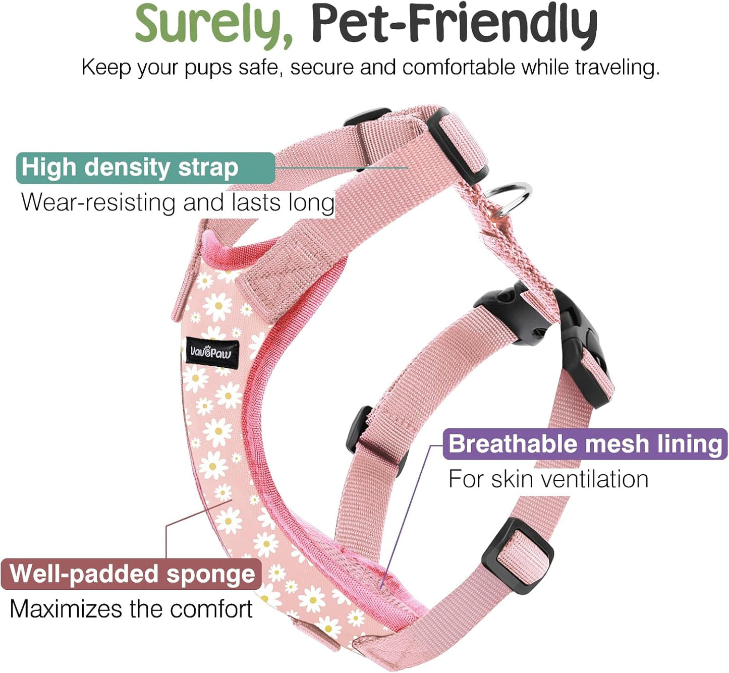 Dog Seat Belt, Safety Vest Dog Car Harness with Adjustable Buckle Dog Seat Belt for Vehicle Nylon Pet Safety Seat Belts Heavy Duty(M, Pink Daisy)