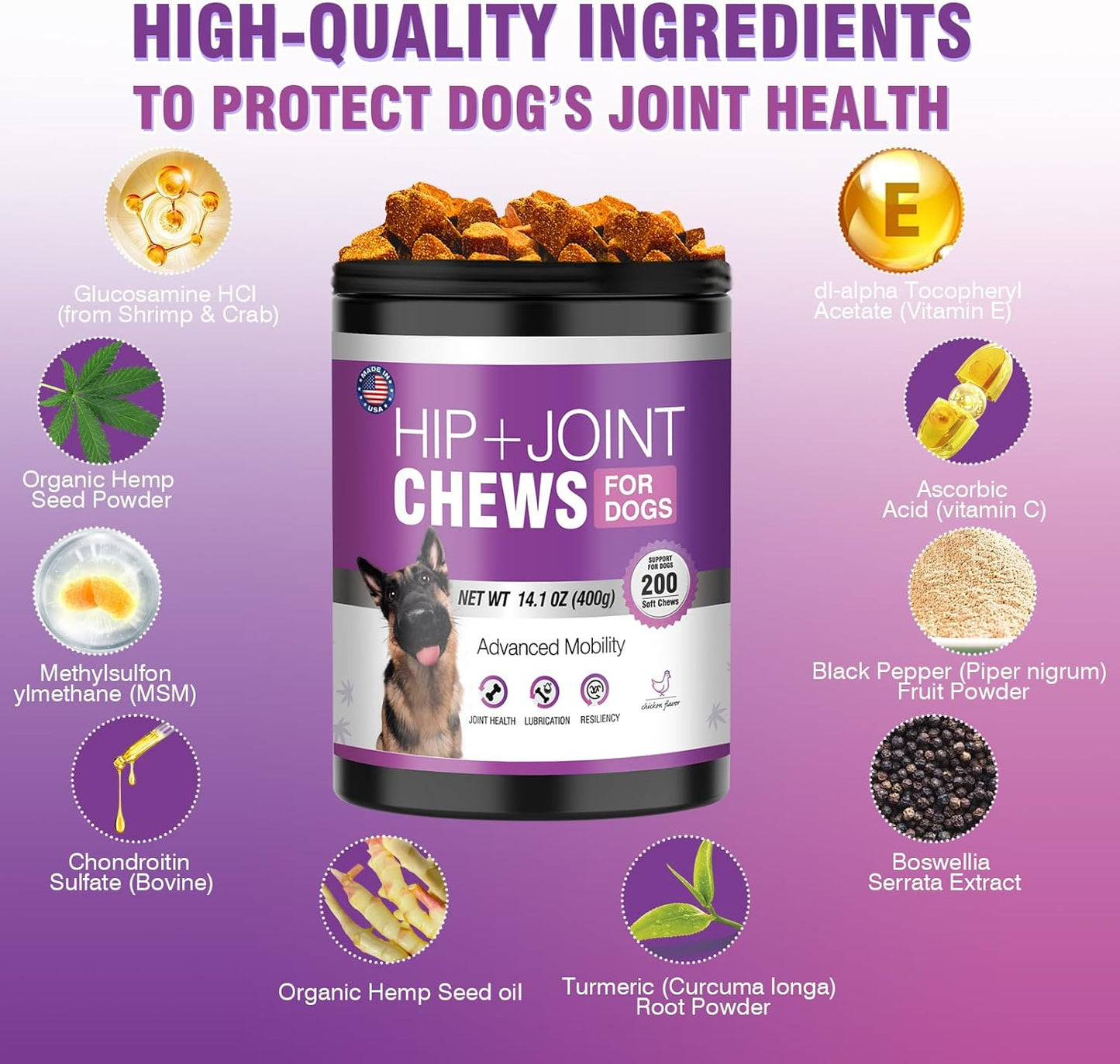 Glucosamine for Dogs 200pcs Joint Support Supplement Dog Hip and Joint Chondroitin Chews Treats with MSM Hemp Dog Joint Pain Relief Mobility Supplements Chicken Flavor Fit All Large Small Medium Breed