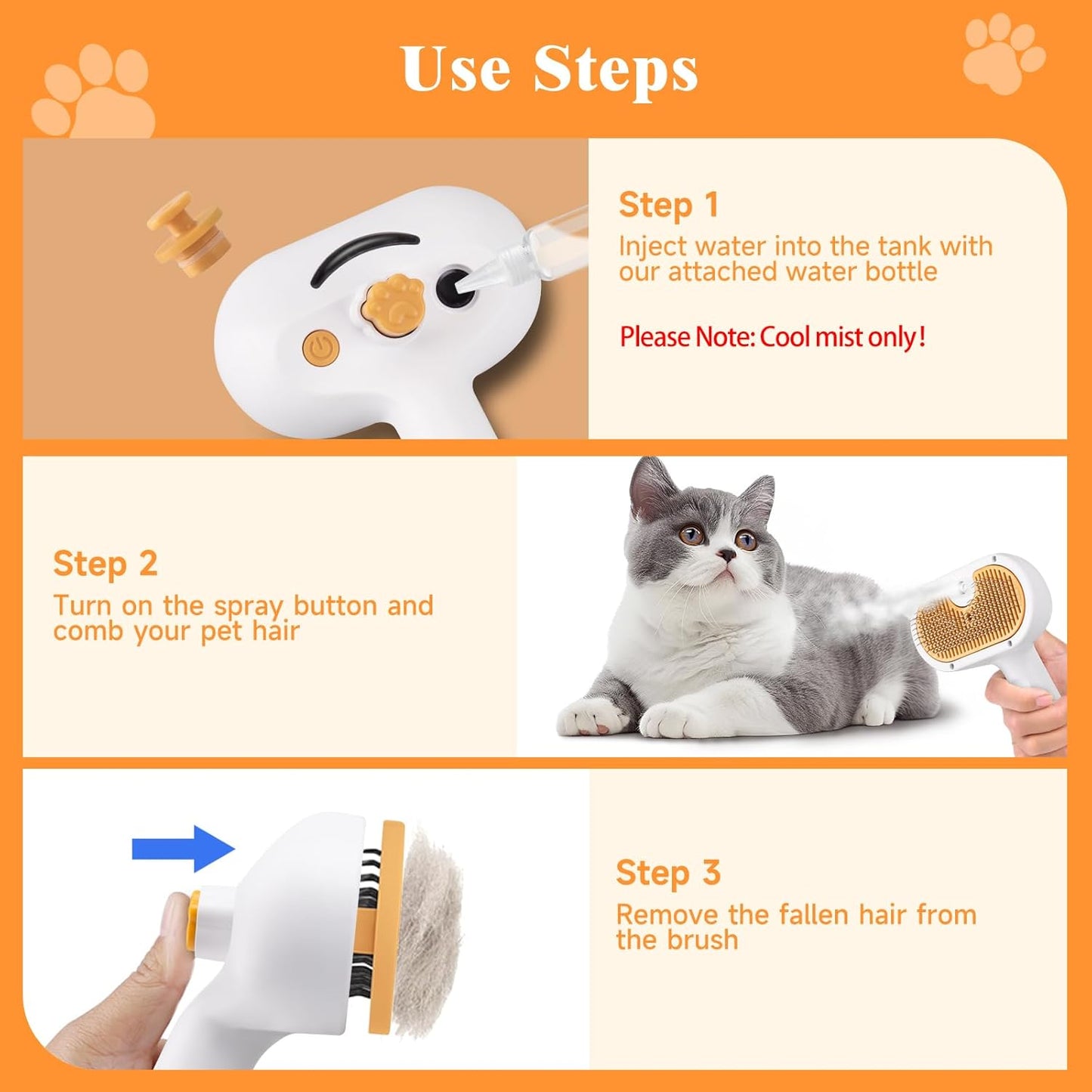 Pet Steam Brush for Dog & Cat – 3-in-1 Spray Hair Removal Comb – Steam for Shedding & Grooming – Water Brush for Long & Short Haired Pets – Spritz Defur Comb
