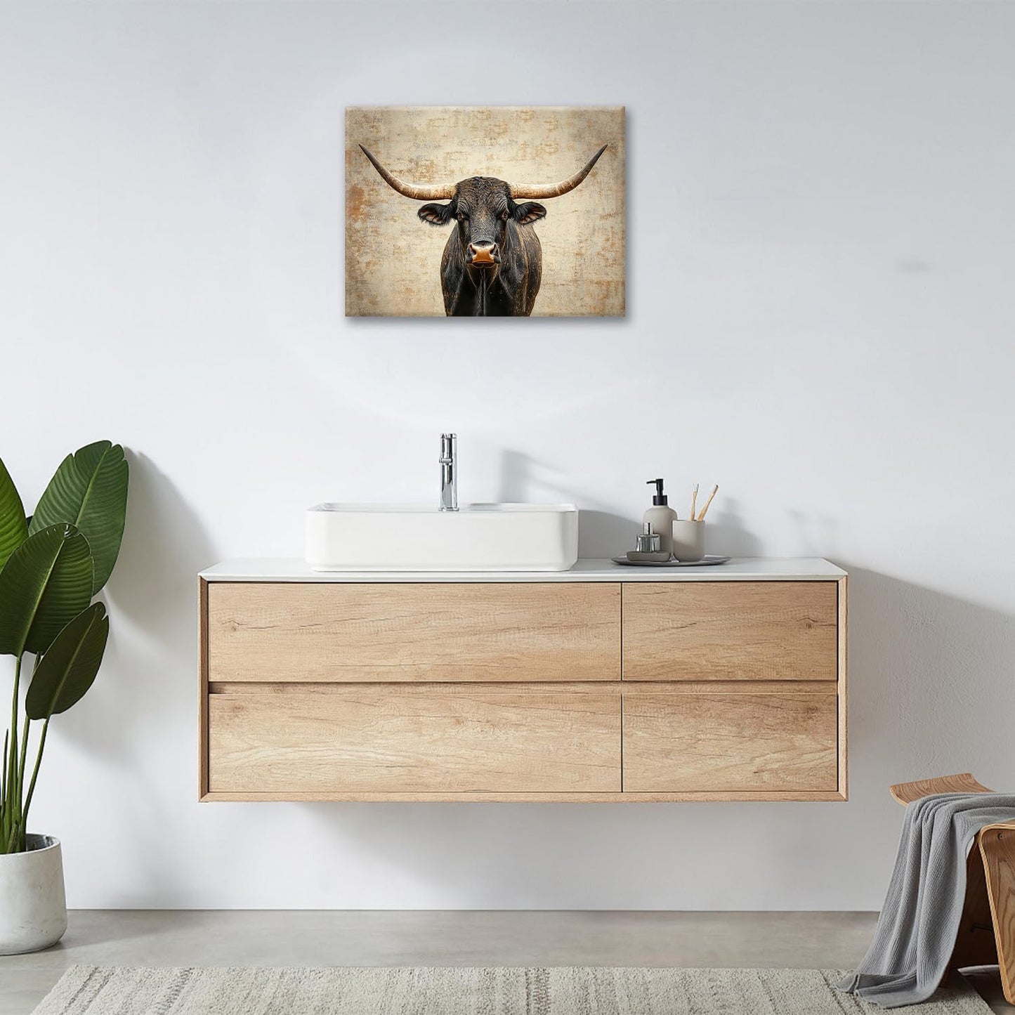 Rustic Highland Cow Pictures Wall Art, Farmhouse Black Cow Bathroom Wall Decor Animal Framed Painting Canvas Artwork for Bathroom Bedroom Living Room Decorations 20"L x 16"W