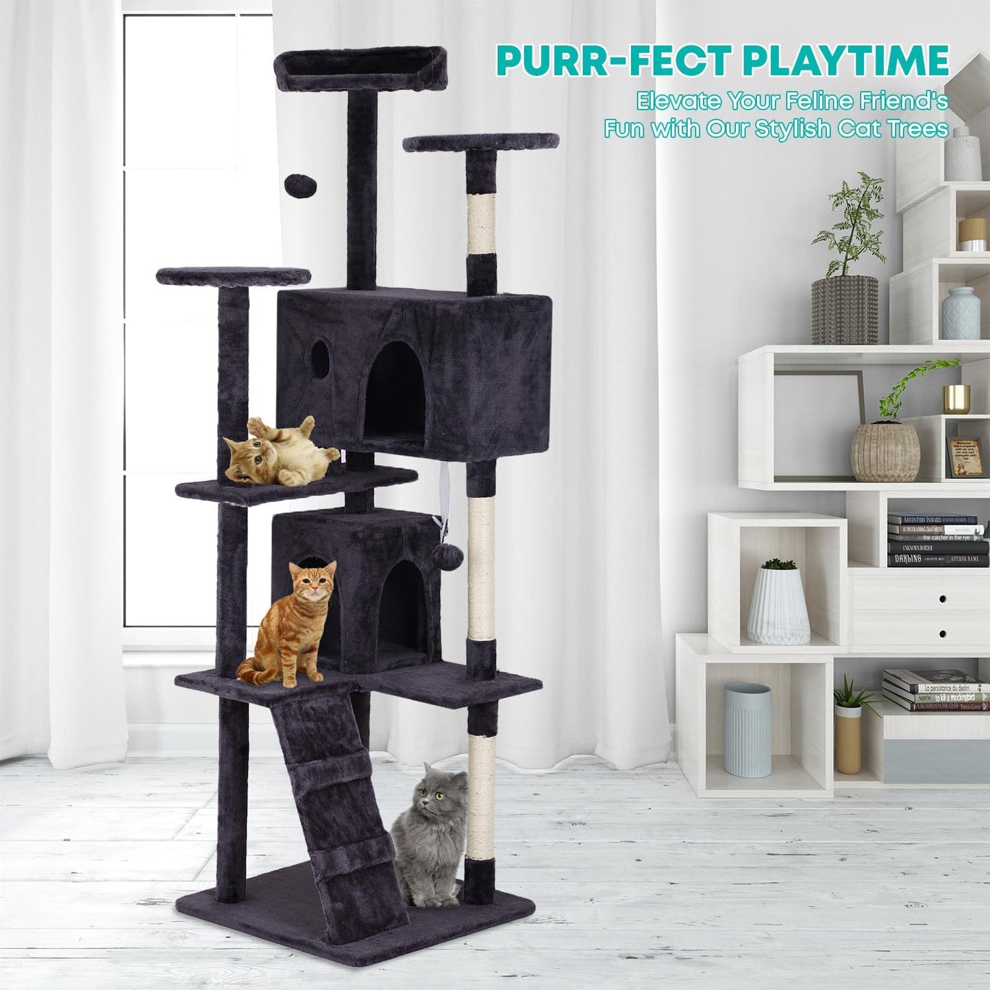 FDW Cat Tree 70in Cat Tower Multi-Level Durable Cat Scratching Post & Cozy Fun Cat Jumping Platform Space Saving Cat Condo Pet Play House for Indoor Cats,Ashy