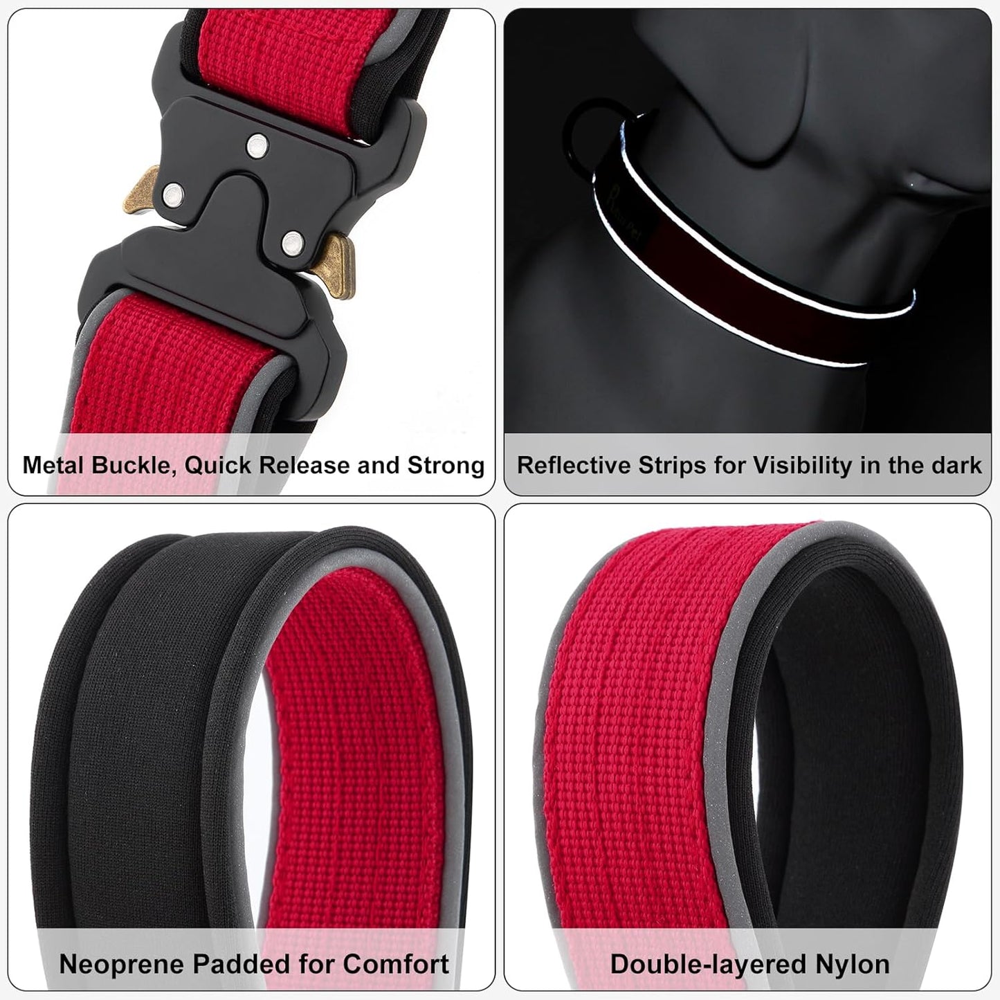Plutus Pet Tactical Dog Collar, Reflective, Adjustable Heavy Duty Dog Collar, Soft Padded and Comfortable, for Small Medium and Large Dogs (Red, L)