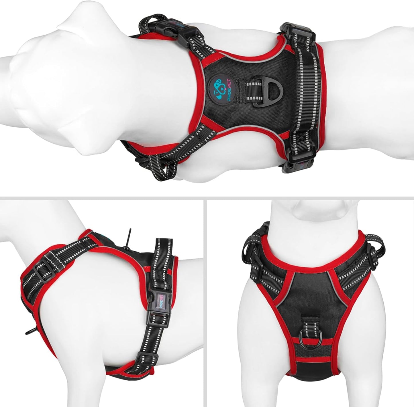 PHOEPET 2019 Upgraded No Pull Dog Harness, Reflective Adjustable Vest, with a Training Handle + 2 Metal Leash Hooks+ 3 Snap Buckles +4 Slide Buckles(S, Black)