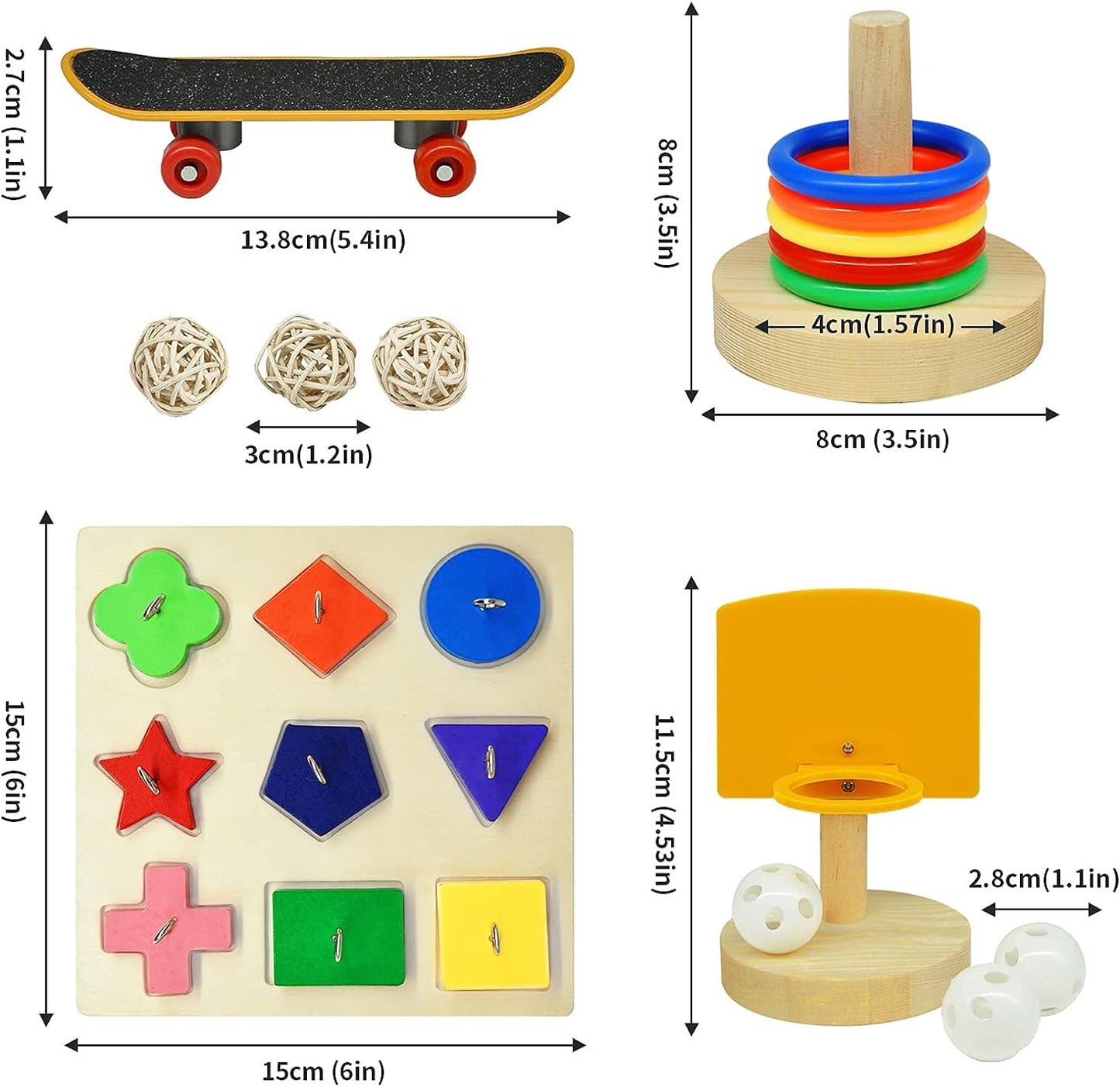 Bird Toys For Parakeets,5pcs Parrot Toys Set （Include Bird Basketball Toy、Bird Skateboard、Bird Stacking Toy、Parrot Wooden Block Puzzles Toy、Small Sepak Takraw）,Parakeet Toys、For Bird Training Toys12