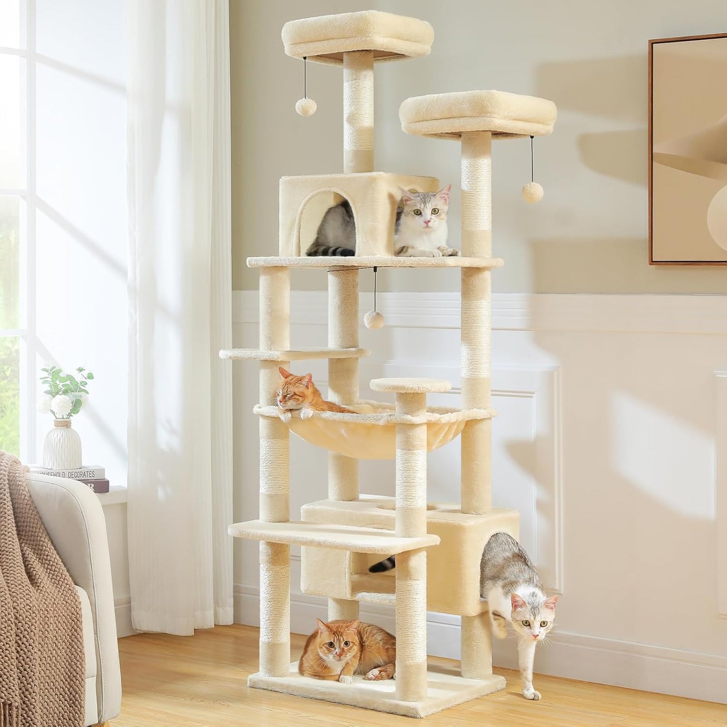 PAWZ Road Large Cat Tree, 72 Inches Cat Tower for Large Cats, Cat Condo with Sisal-Covered Scratching Posts and Pads, 2 Padded Perch, Dual Condo and Basket for Indoor Cats-Beige